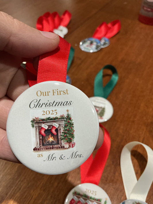 Our First Christmas as Mr. & Mrs. 2in round pressed ornament